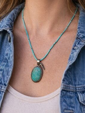Turquoise beaded Necklace w Large Oval Pendant Sterling Southwest Boho feather